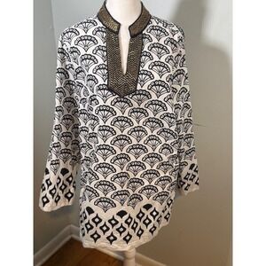 Soft Surroundings Rocio Tunic PL Beaded Neckline White Black Gold Fan Print